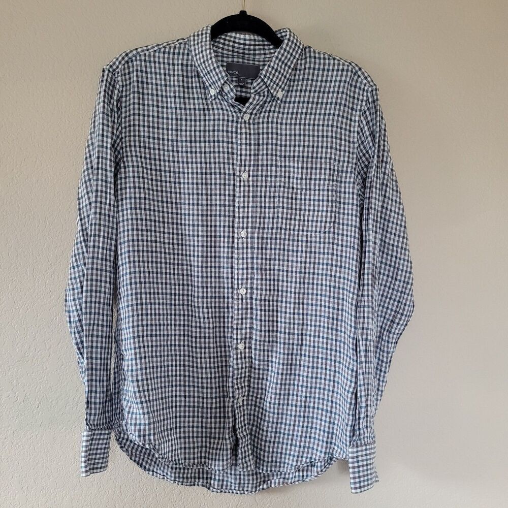 Vince 100% Linen Tattersall Button Front Shirt Mens Med Long Sleeve Lightweight